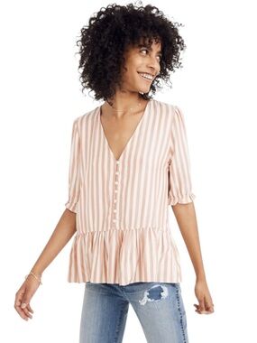 Madewell Courtyard Ruffle-Hem Top in Stripe in Rusted Tin Katie Stripe XXS #2141